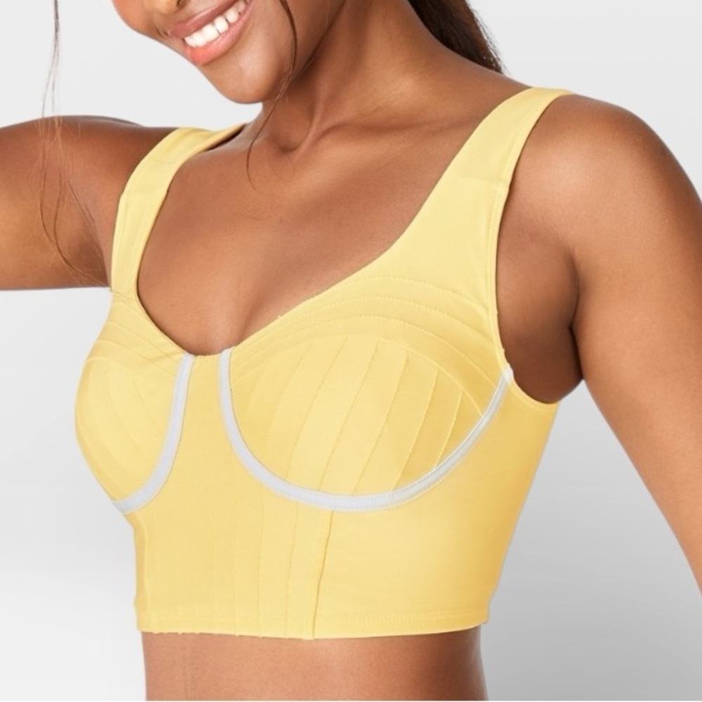 Fabletics Madelaine Petsch Yellow Blue Nova Low Impact Sports Bra Tank SMALL